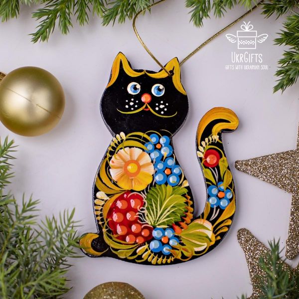Buy Black cat Christmas tree decorations, ukrainian painting