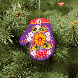 Purple mitten wooden pendant for the Christmas tree artfully painted