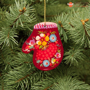 Hand-painted wooden mitten Christmas ornament