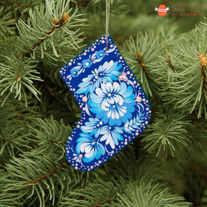 Blue Christmas tree decoration boot with white floral pattern