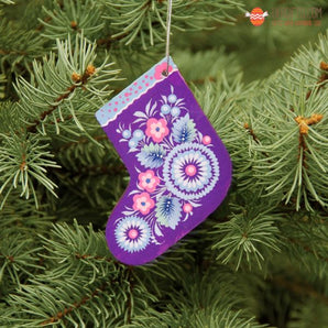 Purple boot tree decoration made of wood hand painted