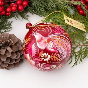 Artfull designed wooden Christmas ball with bird motif