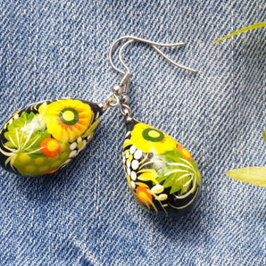 Folk style earrings drop in green, made of wood and hand painted, Ukrainian original art