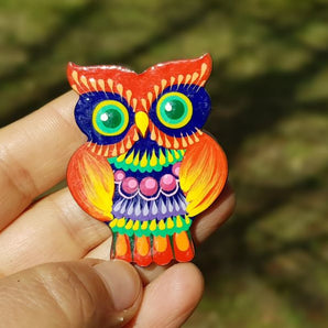 Brooch-owl made of wood by hand, Petrykivka painting