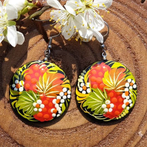 Earrings round wooden, hand painted, Folk fathion ukrainian original style