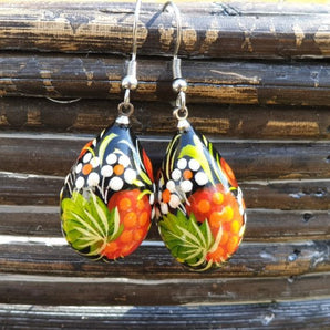 Folk-style hand painted wooden earrings, Ukrainian original style