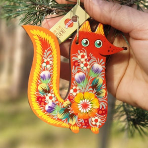 Fox ornament for Christmas tree or for home decor, wooden, hand painted on both sides