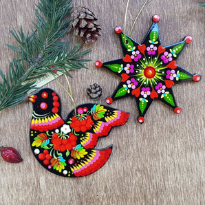 Colorful wooden Christmas decorations - set (bird, star)