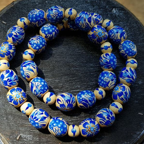 Wooden necklace - women's jewelry with blue flowers