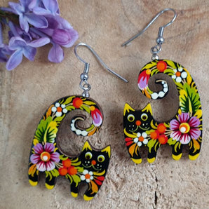 Funny cats - wooden earrings, hand-painted with floral pattern