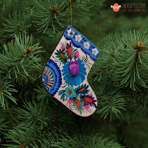 Christmas tree decoration - wooden boot with blue pattern