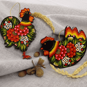 Ukrainian painted Christmas decorations set, 2 pcs - Rooster and Chicken