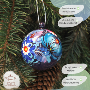 Blau Weihnachtskugel mit filigranem Blütenmuster handgemacht- Kunsthandwerk 5.5 cm