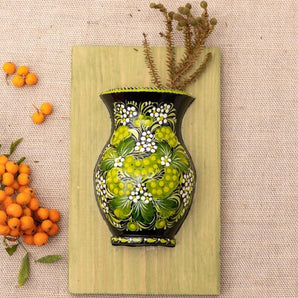 Unique wall art, wooden hanging vase with green flowers