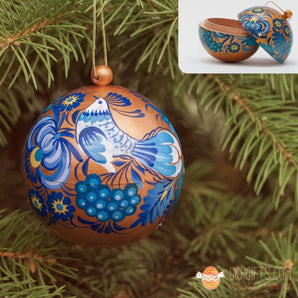 Golden Christmas tree ball 7cm with blue pattern hand painted