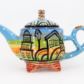 Pottery teapot with house motifs, hand-painted