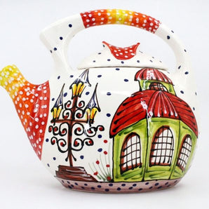 Hand-painted ceramic coffee pot with house motifs