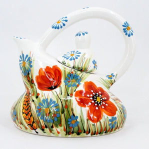 Original ceramic teapot with poppies, hand-painted