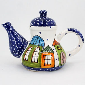 Original ceramic teapot with house, hand-painted