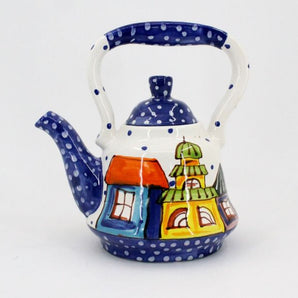 Pottery teapot with house painted by hand