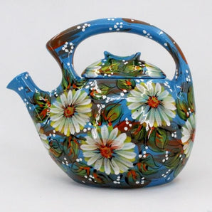 Pottery teapot with white flowers, hand painted