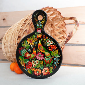 Decorative cutting board with Petrykivka painting 27 х 18 cm "Birds of Paradise", black