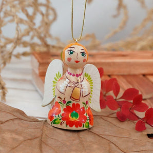      Angel bell Christmas tree ornament, ethnic wooden ornament in ukrainian Petrykivka style | Christmas decorations