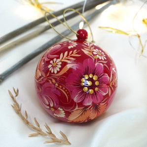 Hand painted pink Christmas ball with flowers - 7 cm