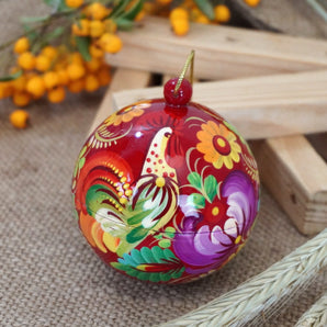 Unusual wooden Christmas tree ball with "hut" motif, hand-painted, 7 cm