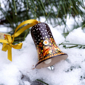 Wooden hand painted ethnic christmas bell decoration, Petrykivka painting