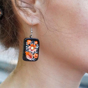 Wooden earrings with floral pattern, Ukrainian style