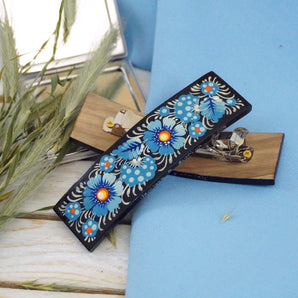 Folkloristic painted wooden hair clip with floral pattern - original hair accessory