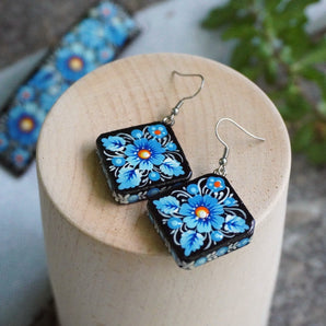 Folk style earrings in blue, handmade from wood and hand painted