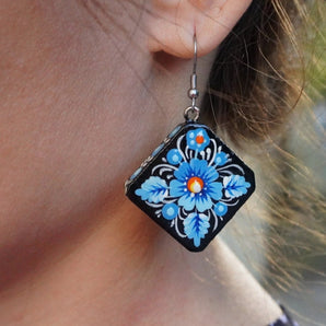 Folk style earrings in blue, handmade from wood and hand painted