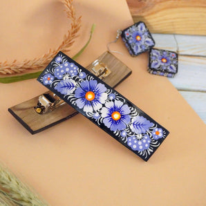 Beautiful wooden hair clip with floral pattern - original hair accessory