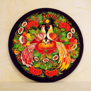 Ukrainian wooden plate with Petrykivka painting 30 cm "Family"