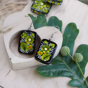 Handmade earrings with green floral pattern