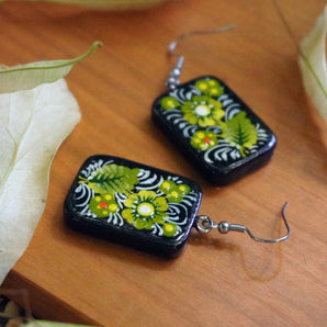 Handmade earrings with green floral pattern