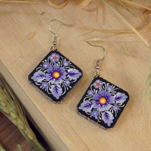 Wooden painted earrings - drops with red flowers - Ukrainian Art