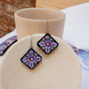 Wooden painted earrings - drops with red flowers - Ukrainian Art