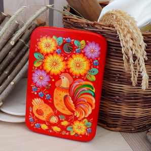 Wooden cutting board with Petrykivka painting 21 х 12 cm "Hen", red