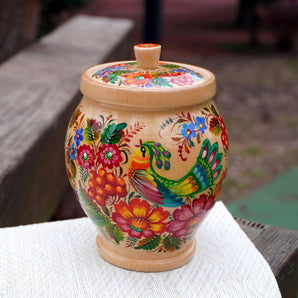 Wooden jar for bulk products in green, Ukrainian handcraft