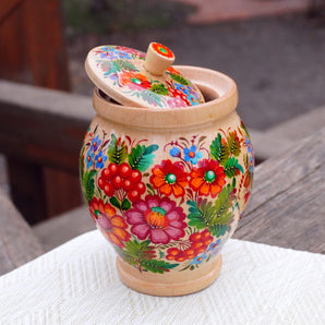 Wooden jar for bulk products in green, Ukrainian handcraft