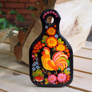 Small decorative cutting board with Petrykivka painting 22 х 12 cm "Rooster and Hen", black