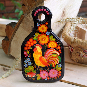 Small decorative cutting board with Petrykivka painting 22 х 12 cm "Rooster and Hen", black