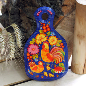 Small decorative cutting board with Petrykivka painting 22 х 12 cm "Rooster and Hen", blue