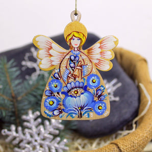 Christmas Wooden Angel Ornament With Blue Flowers