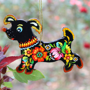 Christmas dog ornament flat with colorful floral pattern