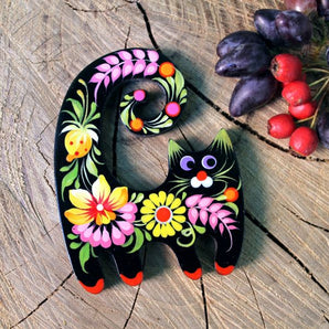 Black cat - fridge magnet hand painted with flowers