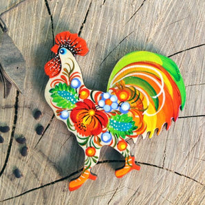 Decorative refrigerator magnet and souvenir "Rooster", handmade, Petrykivka painting